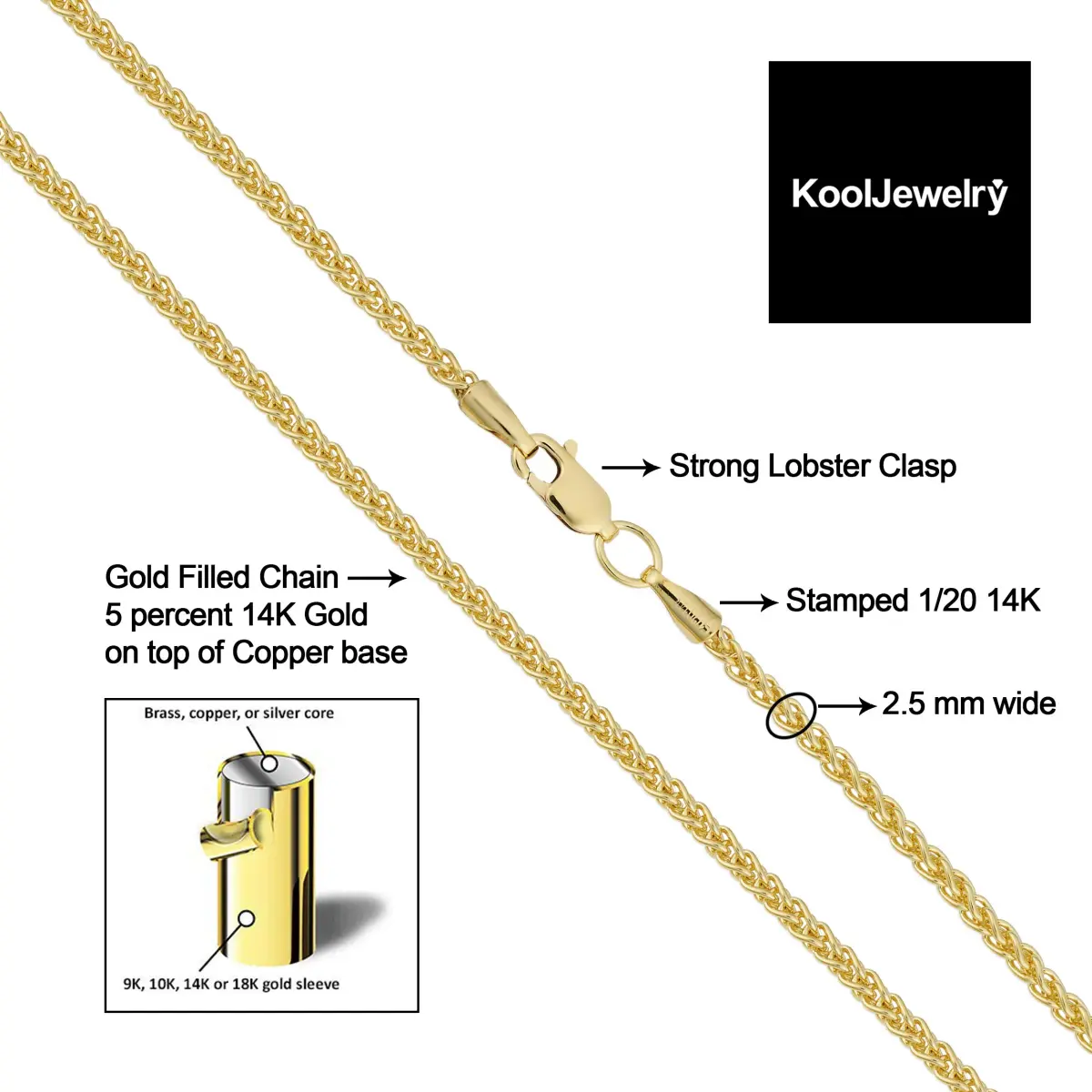 Kooljewelry 14k Yellow Gold Filled 2.5mm Wide Wheat Chain Necklace, 24 Inch - view 3