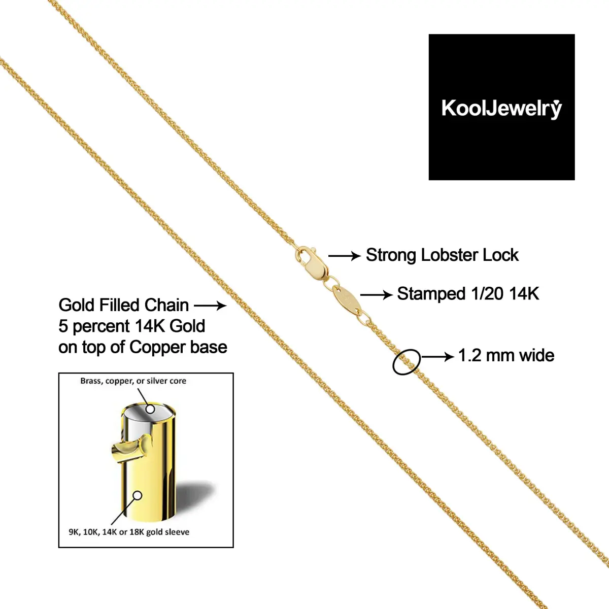 Kooljewelry 14k Yellow Gold Filled 1.2mm Wide Round Wheat Chain Necklace - 30 Inch - view 3