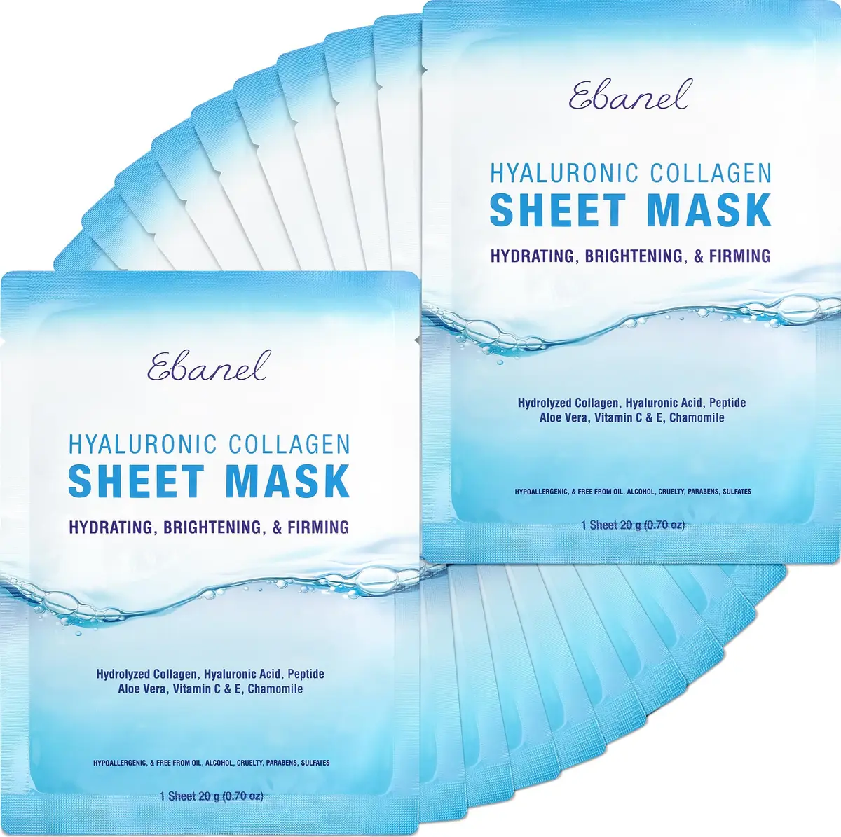 Ebanel Collagen Face Mask with Hyaluronic Acid, Vitamin C & Peptides | 20-Pack Hydrating Sheet Masks - main product image