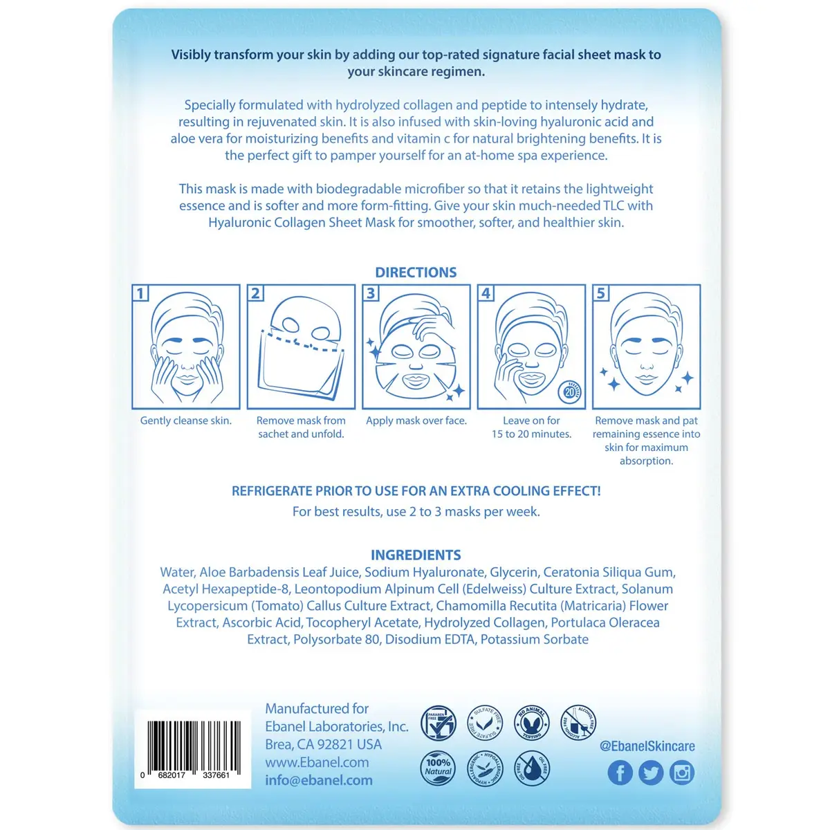 Ebanel 40-Pack Collagen Face Mask with Hyaluronic Acid, Vitamin C, Peptide | Hydrating Korean Sheet Mask for Brighter, Firmer Skin - view 8