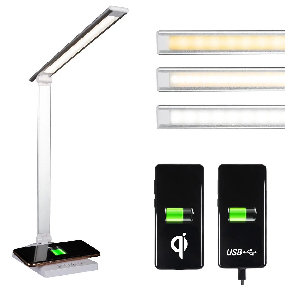 OttLite Entice LED Desk Lamp with Wireless Charging, White and Silver | Adjustable Foldable Arm & ClearSun LED - main product image