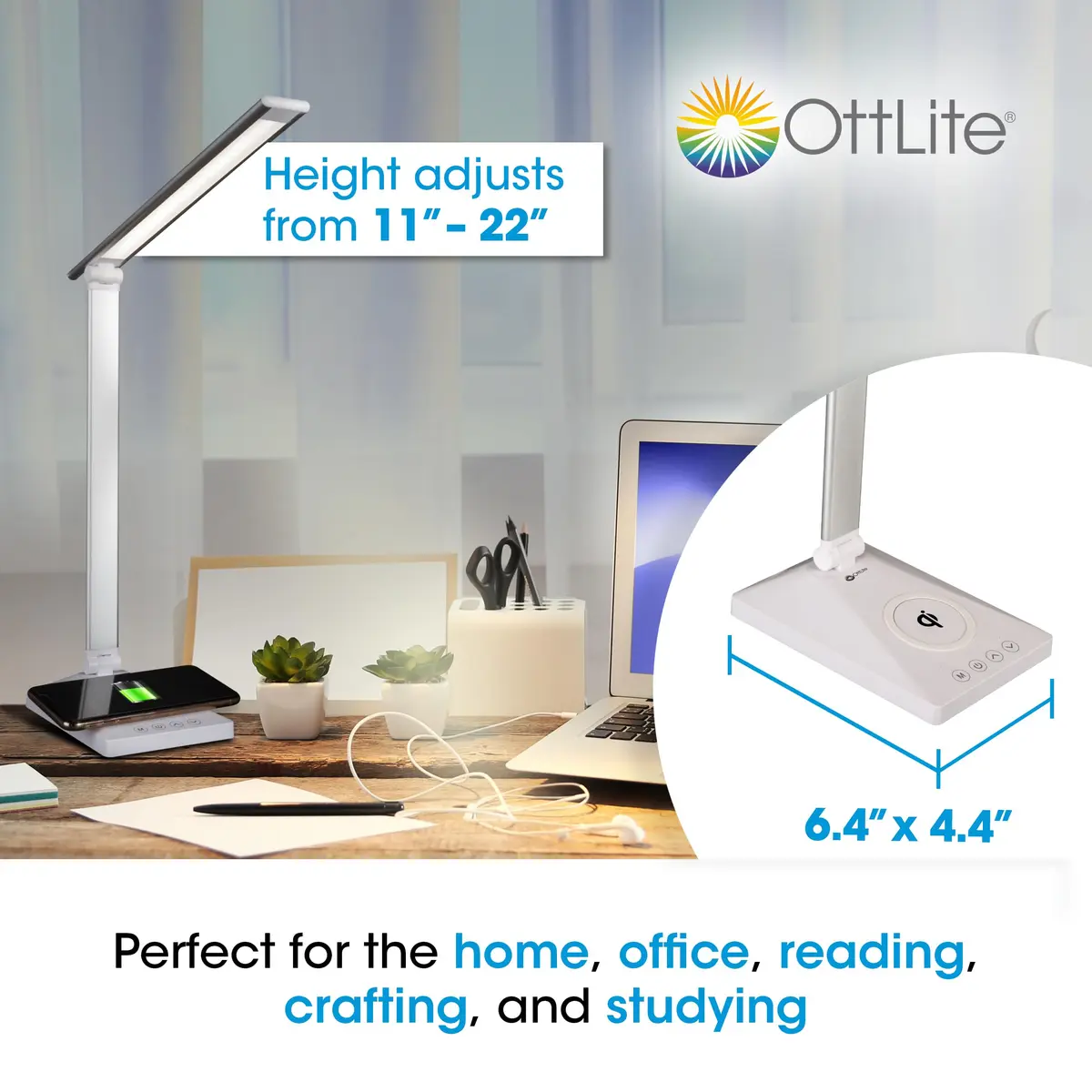 OttLite Entice LED Desk Lamp with Wireless Charging, White and Silver | Adjustable Foldable Arm & ClearSun LED - view 5