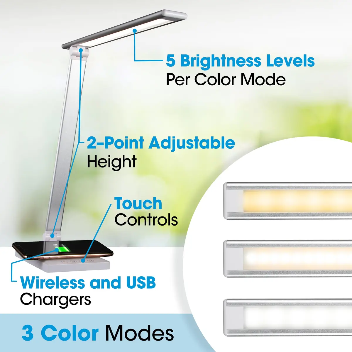 OttLite Entice LED Desk Lamp with Wireless Charging, White and Silver | Adjustable Foldable Arm & ClearSun LED - view 2