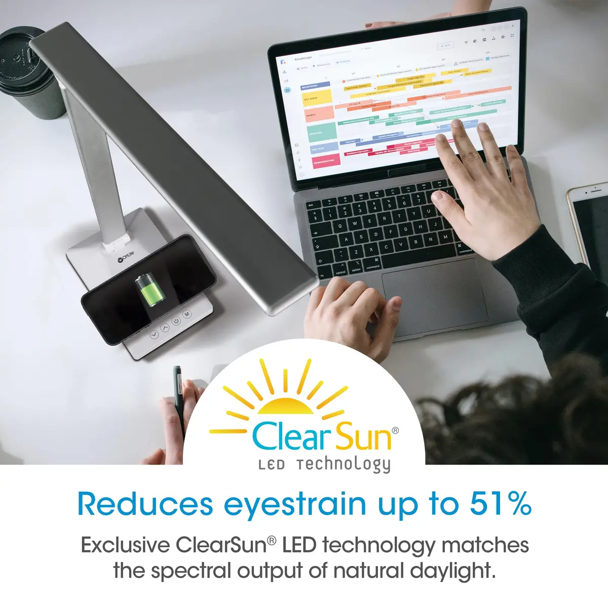 OttLite Entice LED Desk Lamp with Wireless Charging, White and Silver | Adjustable Foldable Arm & ClearSun LED - view 3