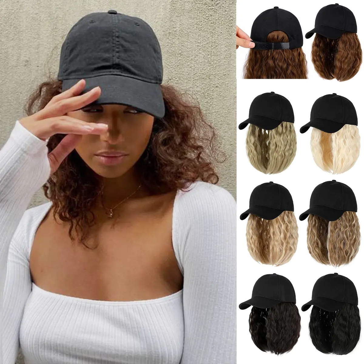 Qlenkay Baseball Cap with Bob Wig Hat 14in Baby Blonde Mix Bleach Blonde | Adjustable Synthetic Hair Cap - main product image