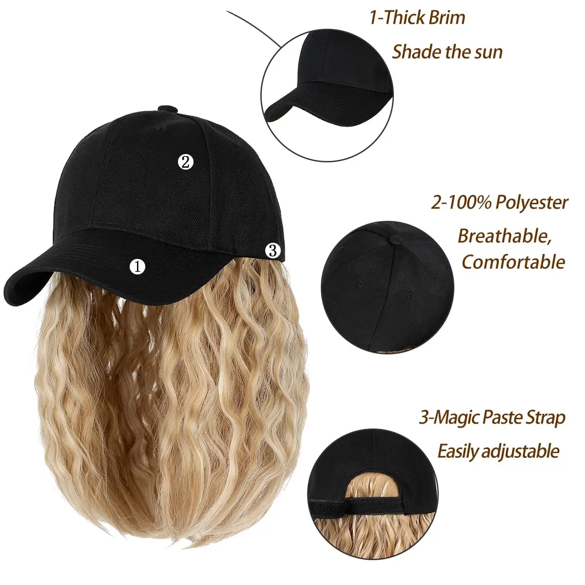 Qlenkay Baseball Cap with Bob Wig Hat 14in Baby Blonde Mix Bleach Blonde | Adjustable Synthetic Hair Cap - view 5