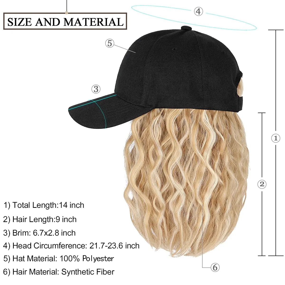 Qlenkay Baseball Cap with Bob Wig Hat 14in Baby Blonde Mix Bleach Blonde | Adjustable Synthetic Hair Cap - view 6