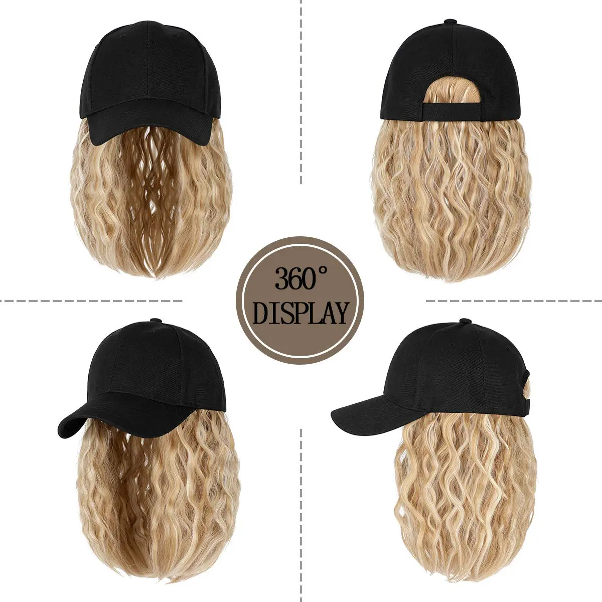 Qlenkay Baseball Cap with Bob Wig Hat 14in Baby Blonde Mix Bleach Blonde | Adjustable Synthetic Hair Cap - view 2