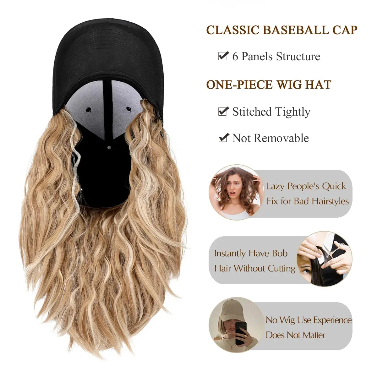 Qlenkay Baseball Cap with Bob Wig Hat 14in Baby Blonde Mix Bleach Blonde | Adjustable Synthetic Hair Cap - view 3