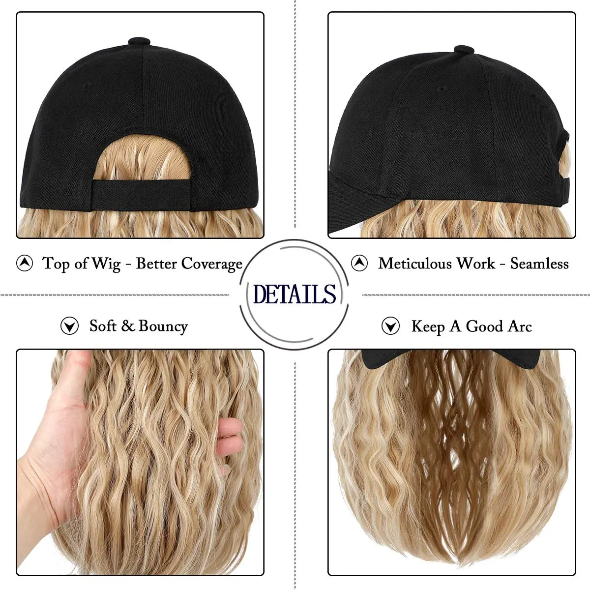 Qlenkay Baseball Cap with Bob Wig Hat 14in Baby Blonde Mix Bleach Blonde | Adjustable Synthetic Hair Cap - view 4