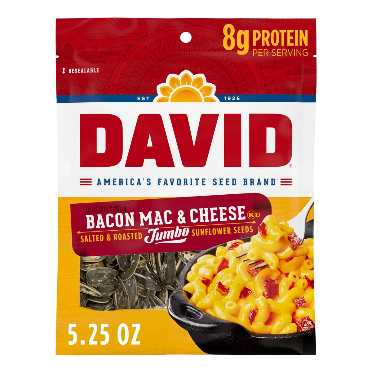 David Jumbo Sunflower Seeds Bacon Mac and Cheese Flavor 5.25 oz | Gluten-Free, Keto Friendly - main product image