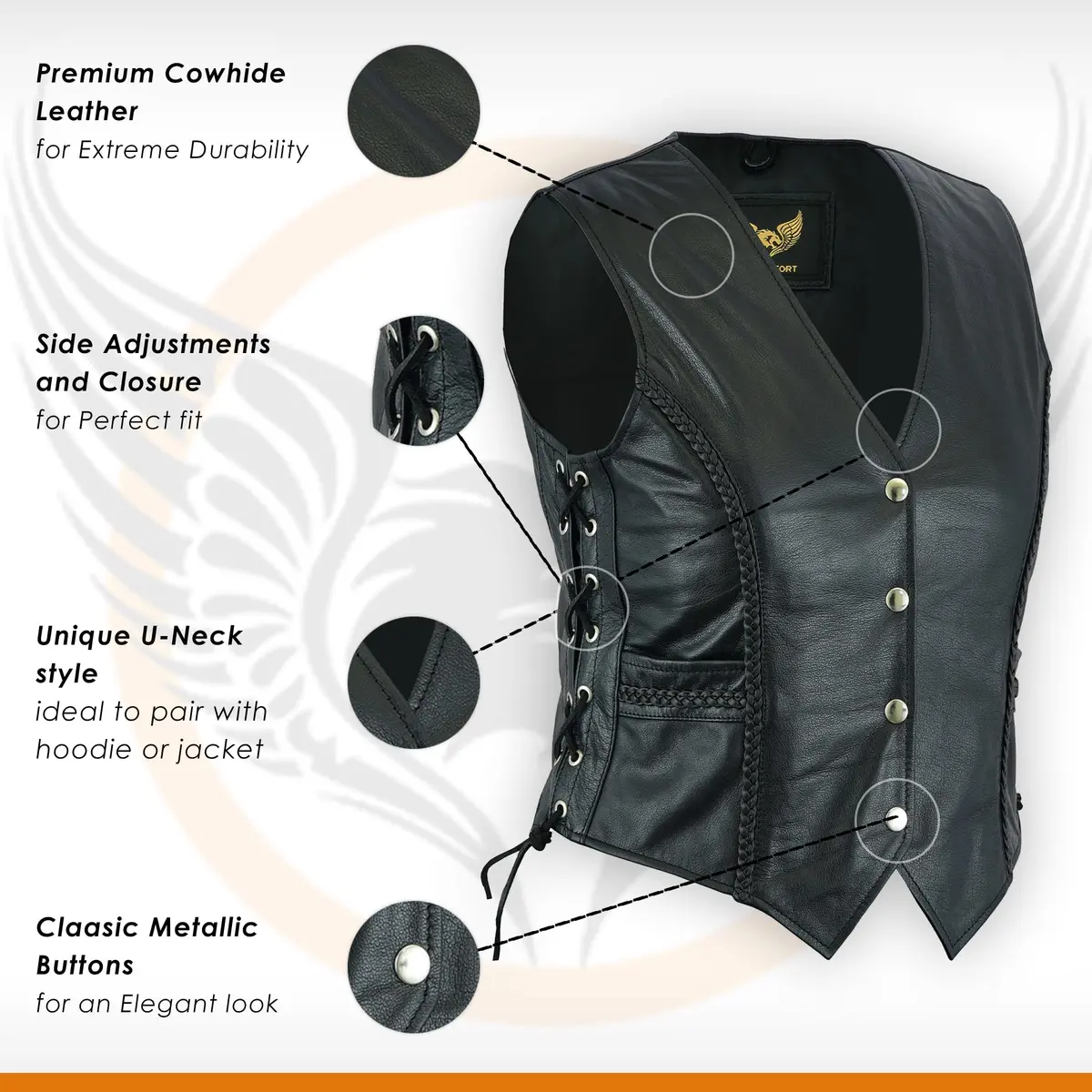 Leatherick Women Top Grain Buffalo Leather Motorcycle Vest | Durable & Stylish (70-120 chars) - view 5