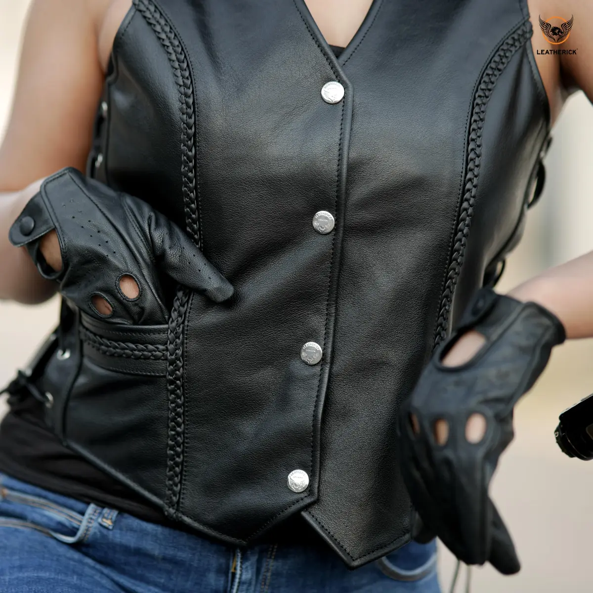 Leatherick Women Top Grain Buffalo Leather Motorcycle Vest | Durable & Stylish (70-120 chars) - view 2