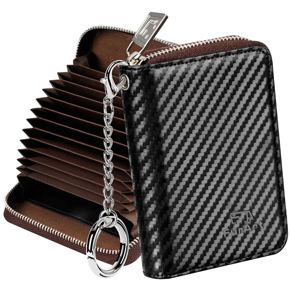 FurArt RFID Blocking Zipper Wallet Carbon Fiber Black | Compact Card Holder with Keychain - main product image