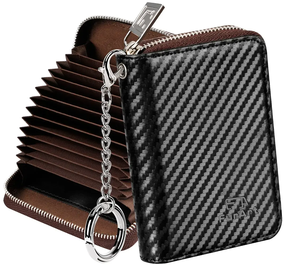 FurArt RFID Blocking Zipper Wallet Carbon Fiber Black | Compact Card Holder with Keychain - main product image