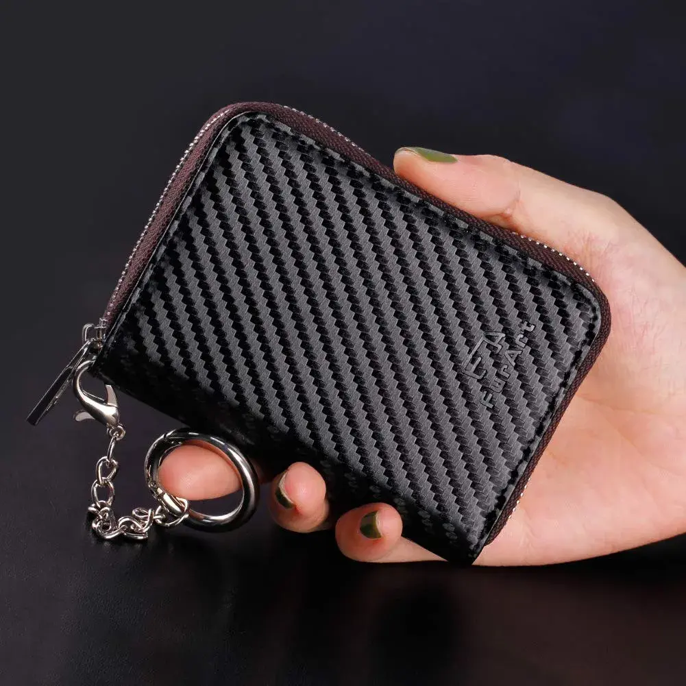 FurArt RFID Blocking Zipper Wallet Carbon Fiber Black | Compact Card Holder with Keychain - view 4