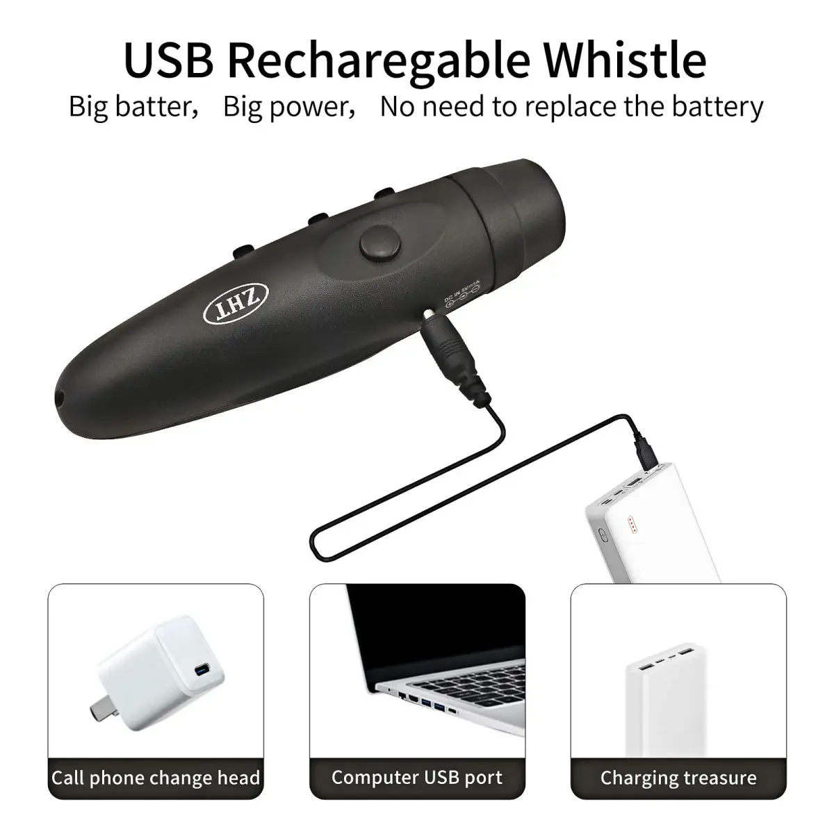 ZHT Electronic Whistle with USB Charging, 3-Tone 120dB Loud, Black | Referee & Coach Handheld - view 3
