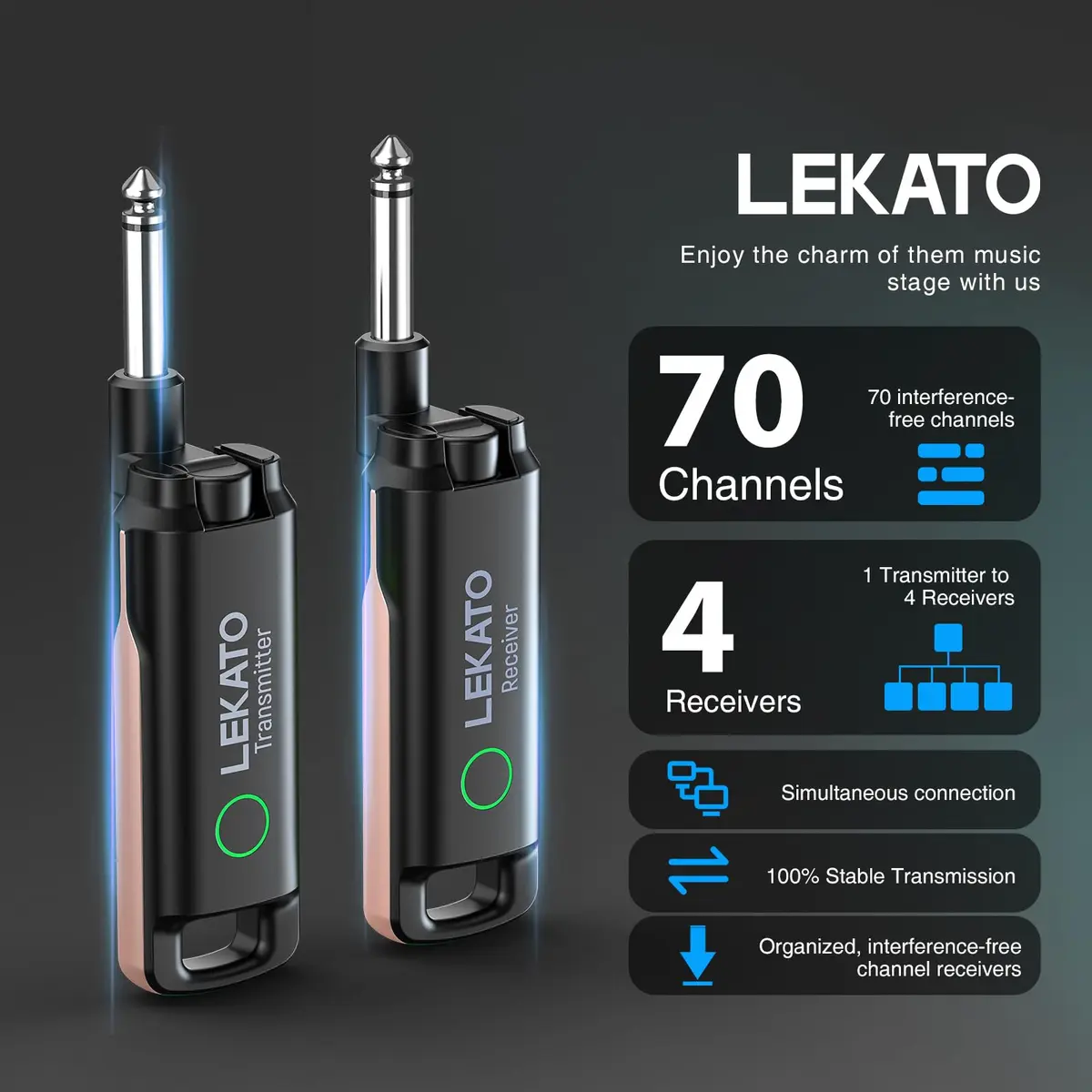 LEKATO UHF Wireless Guitar System with 70 Channels for Guitar Bass (Pink) | Plug & Play, Rechargeable, 4.5+ Hour Battery - view 3