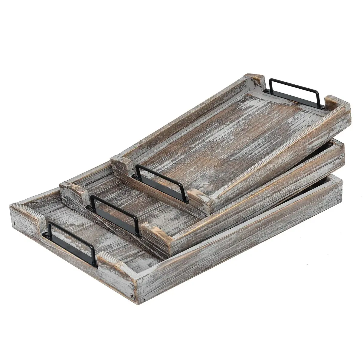 VERGOODR Torched Wood Nesting Serving Trays with Handles, Set of 3 | Rustic Farmhouse Style - view 2