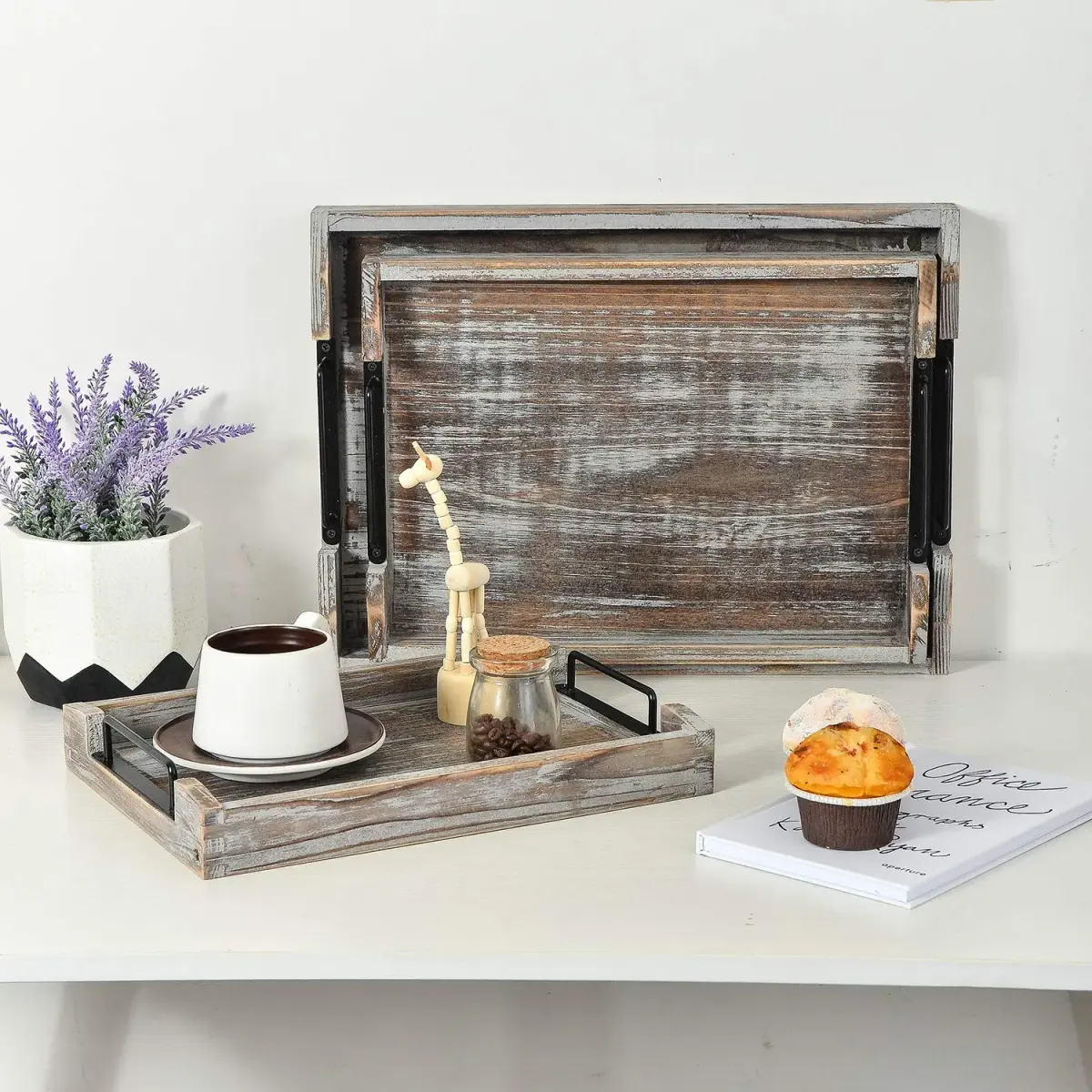 VERGOODR Torched Wood Nesting Serving Trays with Handles, Set of 3 | Rustic Farmhouse Style - view 4