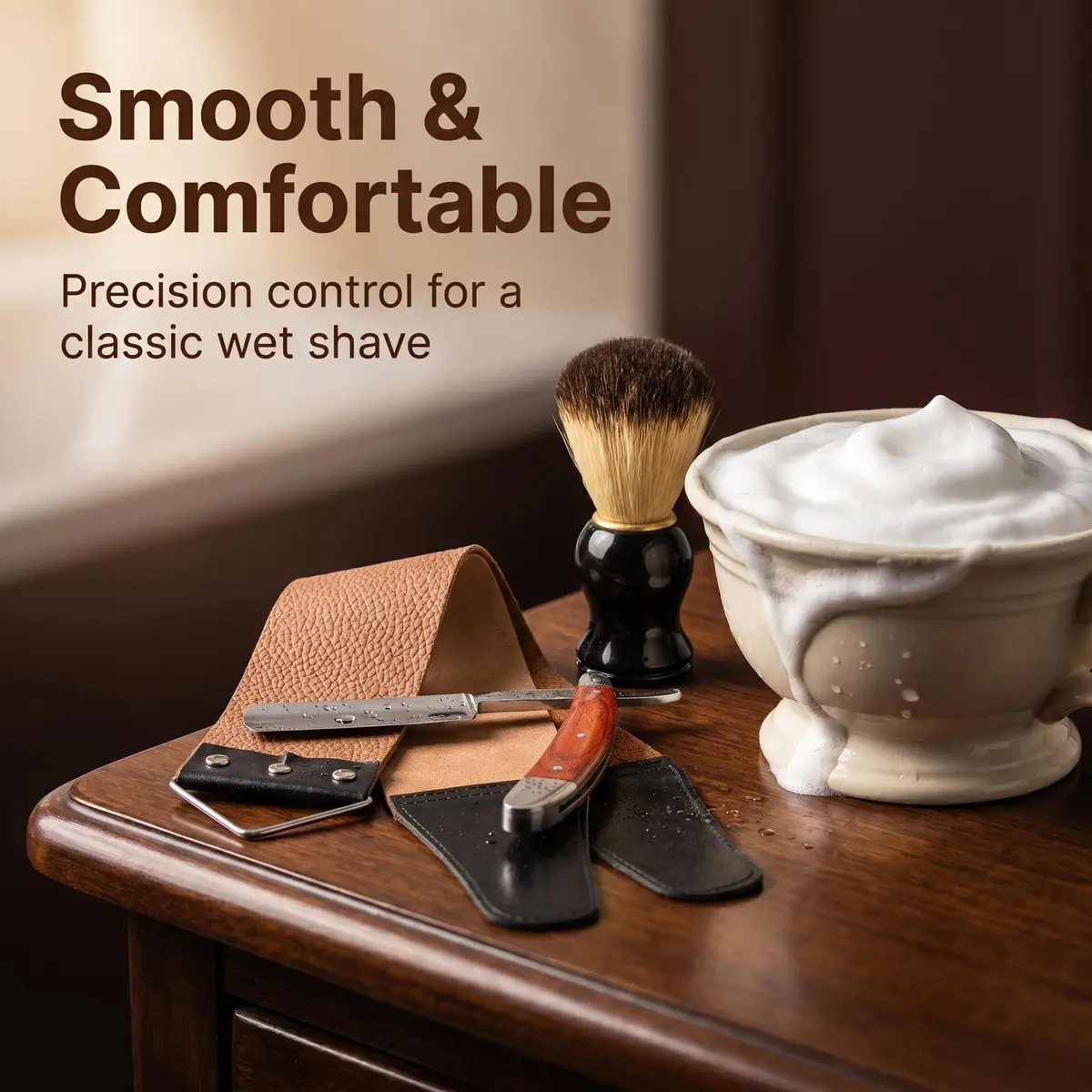 YU&CH Straight Razor Shaving Kit with Leather Strop & Brush for Men | Classic Barber Style Wet Shave - view 5