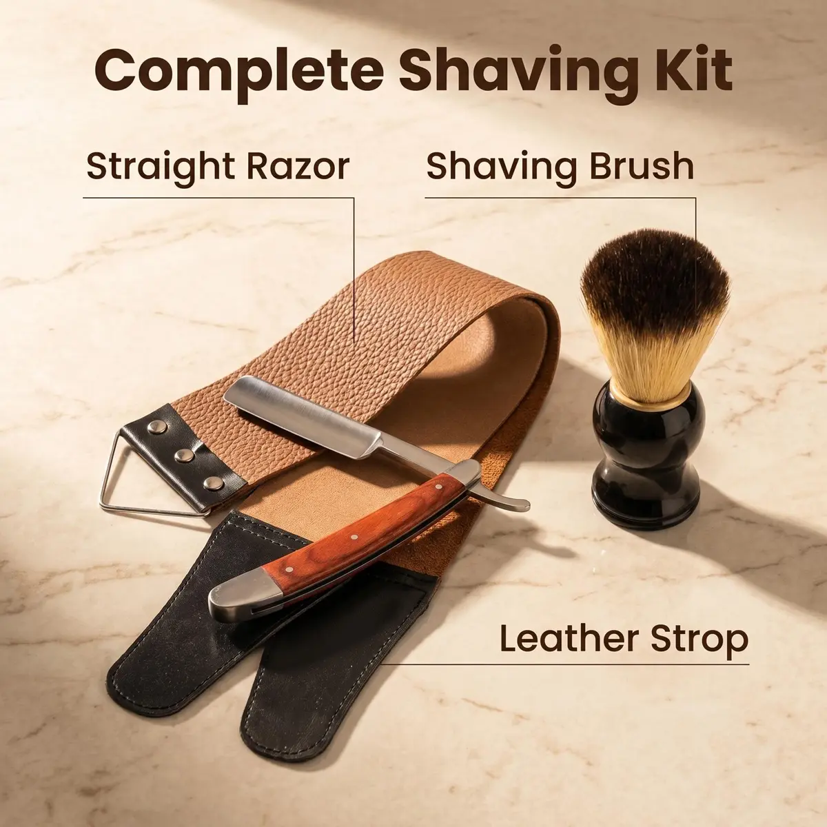 YU&CH Straight Razor Shaving Kit with Leather Strop & Brush for Men | Classic Barber Style Wet Shave - view 2