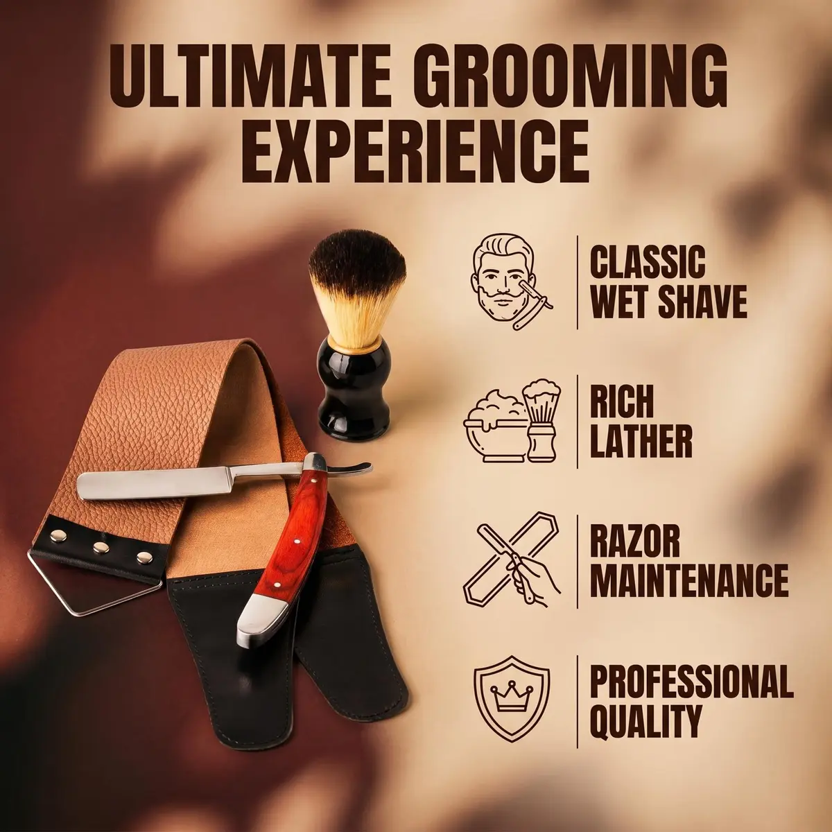YU&CH Straight Razor Shaving Kit with Leather Strop & Brush for Men | Classic Barber Style Wet Shave - view 3