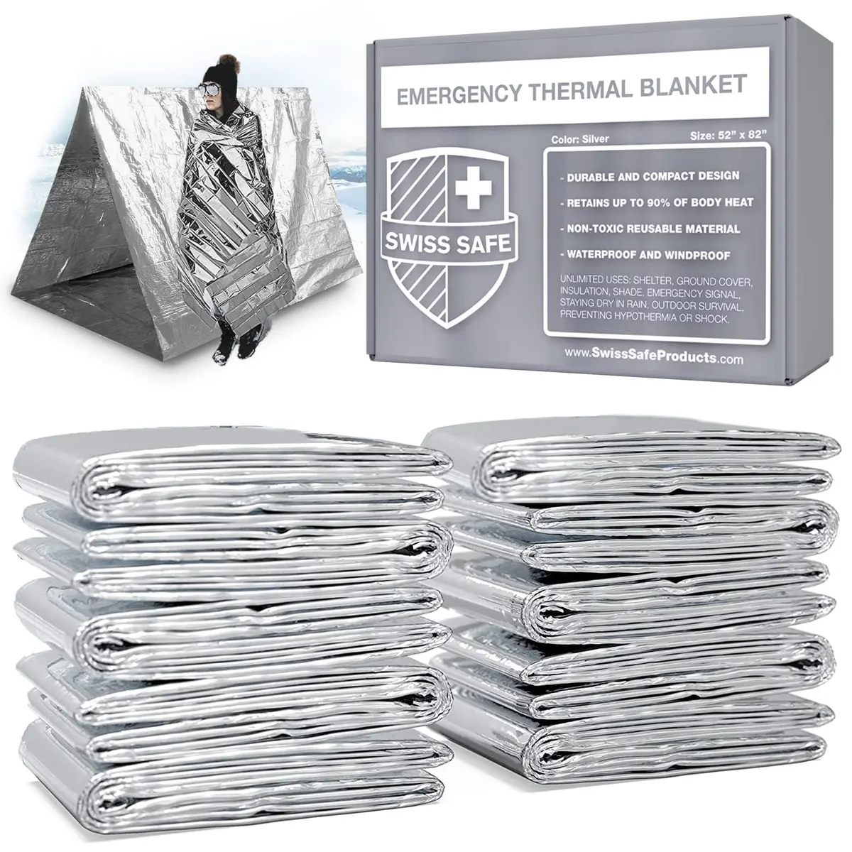 Swiss Safe Emergency Blanket for Camping, Car, First Aid, Survival, 10 Pack | Reflects & Retains 90% Heat - main product image