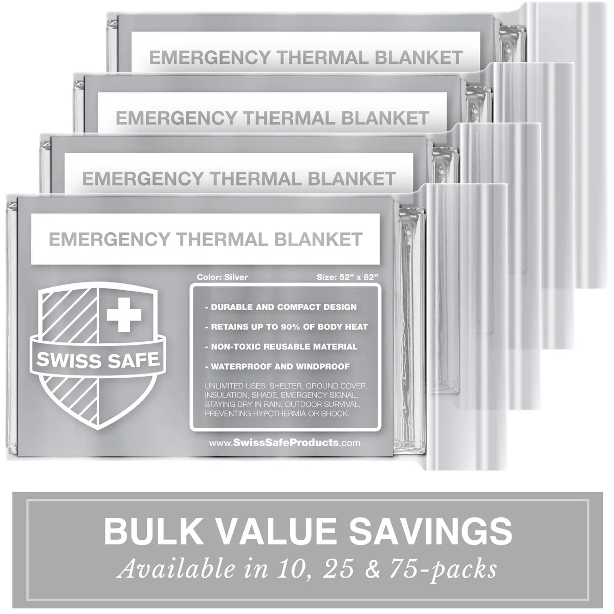 Swiss Safe Emergency Blanket for Camping, Car, First Aid, Survival, 10 Pack | Reflects & Retains 90% Heat - view 2