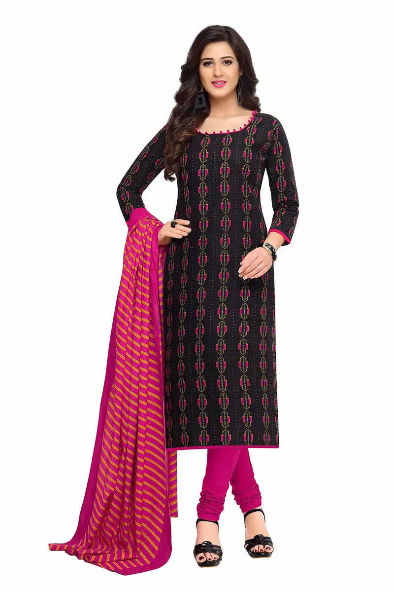 Miraan Women's Cotton Printed Floral Round Neck 3/4 Sleeve Salwar Suit Set Medium Black | Traditional Ethnic Wear - main product image