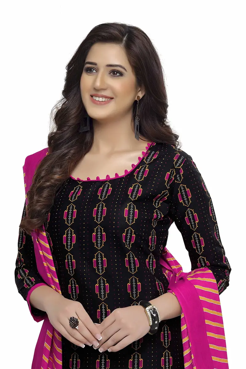 Miraan Women's Cotton Printed Floral Round Neck 3/4 Sleeve Salwar Suit Set Medium Black | Traditional Ethnic Wear - view 4