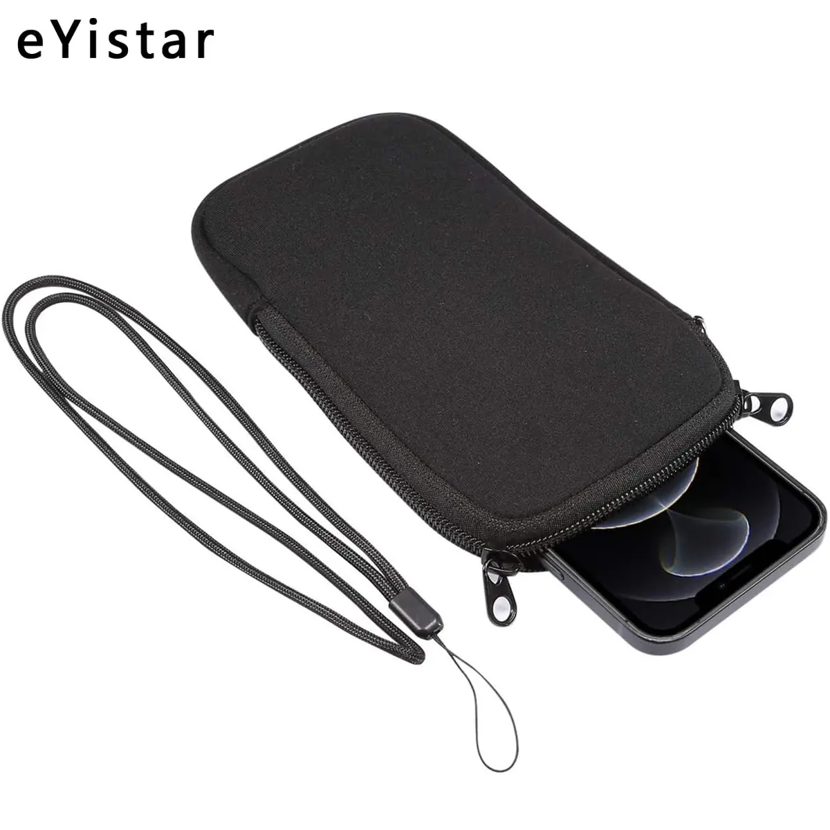 eYistar Neoprene Shock Absorbing Pouch Large Cell Phone Sleeve Case with Zipper & Neck Strap for 6-6.9 inch Smartphones | Black - view 6