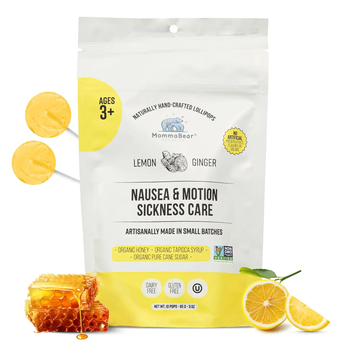 MommaBear Nausea & Motion Sickness with Real Honey & Ginger – 10 Pack | Gentle Relief for Pregnant & Kids - main product image