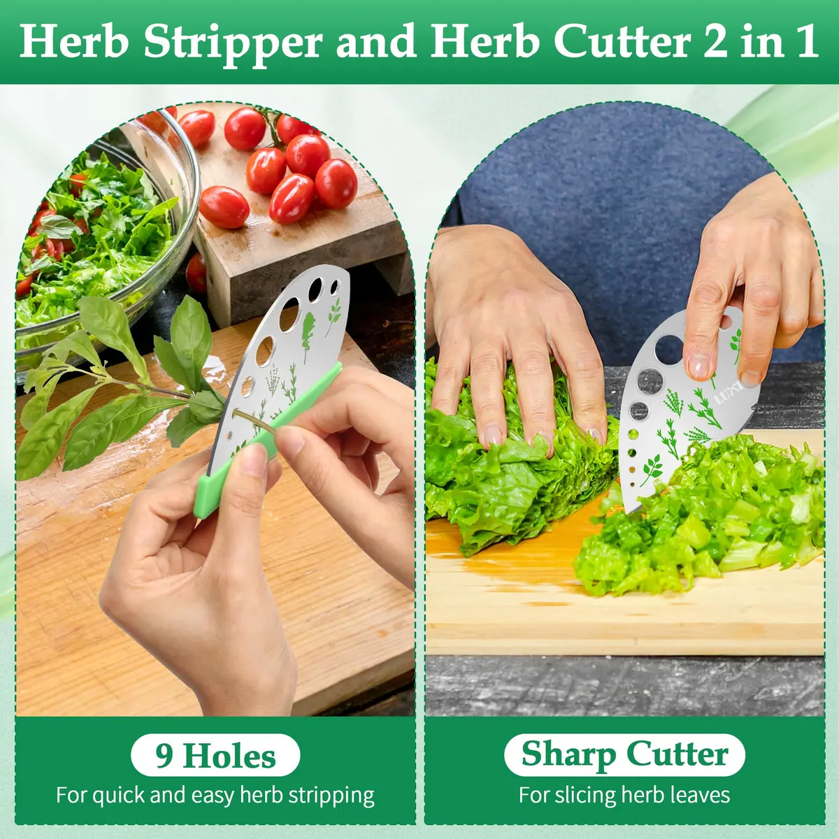 Luxiv Herb Stripper Tool Stainless Steel 9-Hole Leaf Peeler with Knife 12.2cm (4.8in) | 2-Pack for Kale, Herbs & Vegetables - view 5
