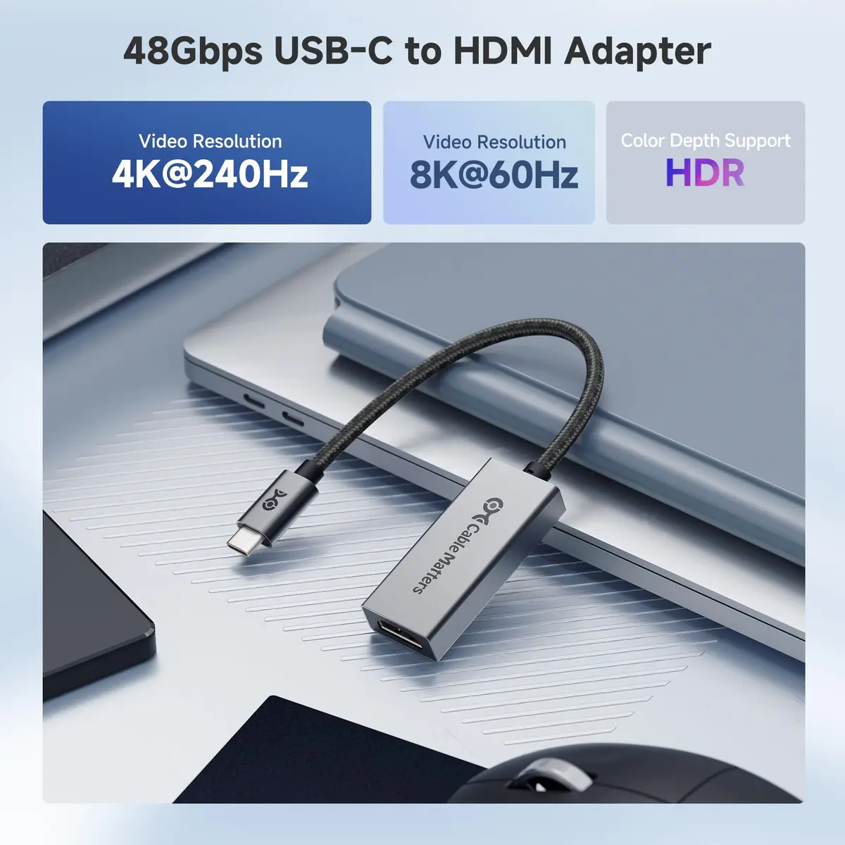 Cable Matters USB-C to HDMI 2.1 Adapter 8K@60Hz | Thunderbolt 4 Compatible, Supports HDR & 4K120Hz (0.5m, Gray) - view 2