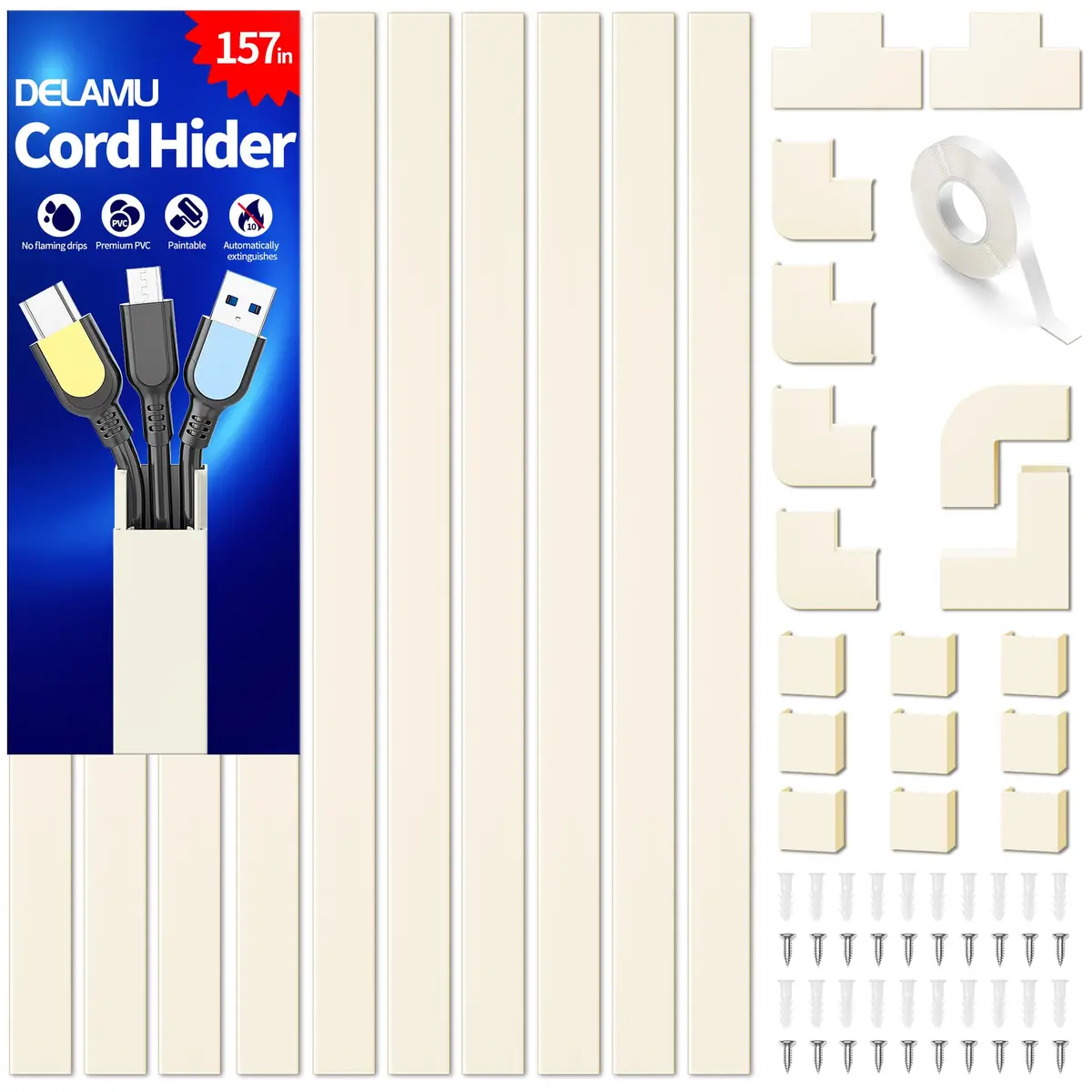 Delamu Cord Cover Wall 157in | Flame-Rated Plastic Cable Raceway for Neat Cables - main product image