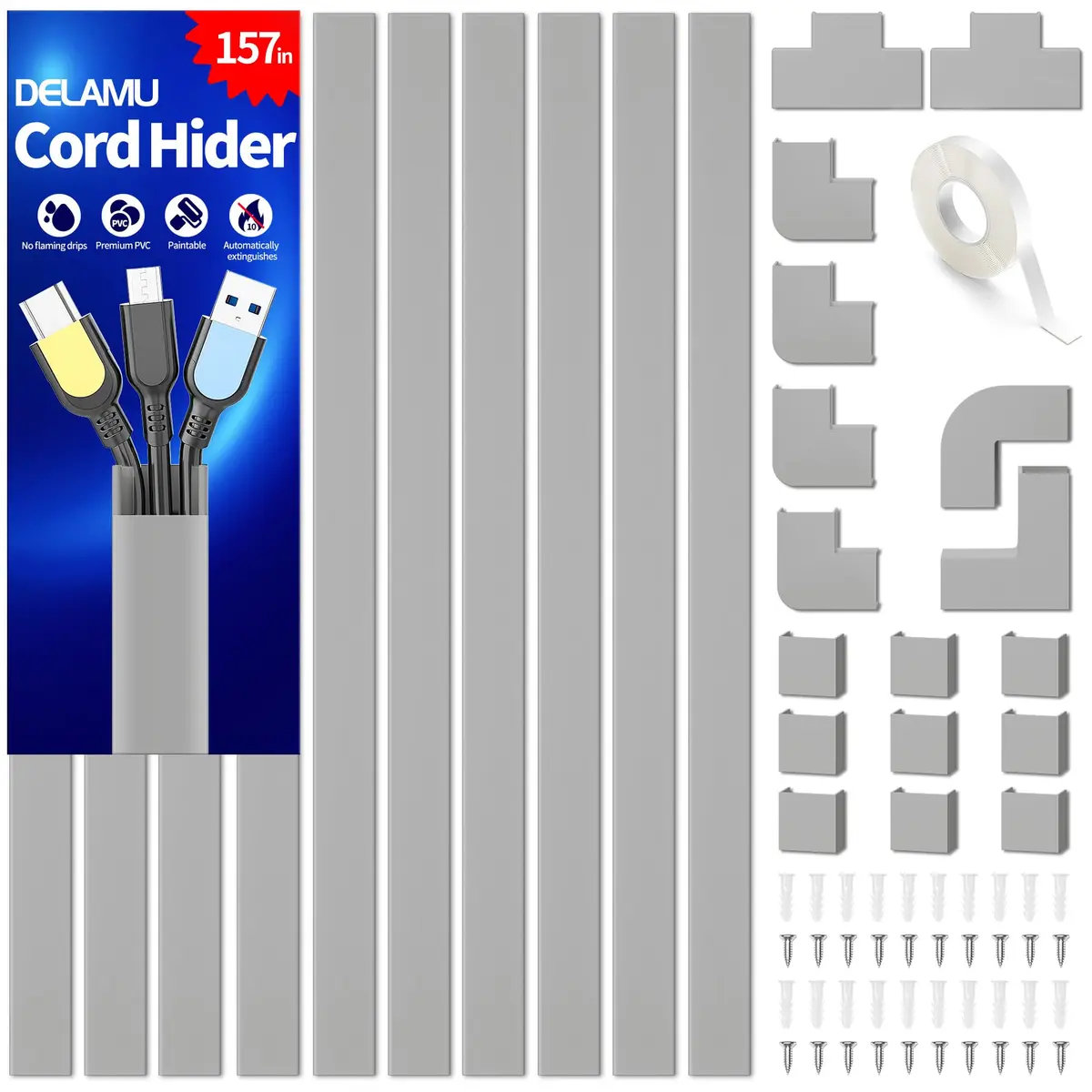 Delamu Grey Cord Hider, 157in Wall Cable Raceway for 2-3 Wires | Flammability Safe, Easy Install - main product image