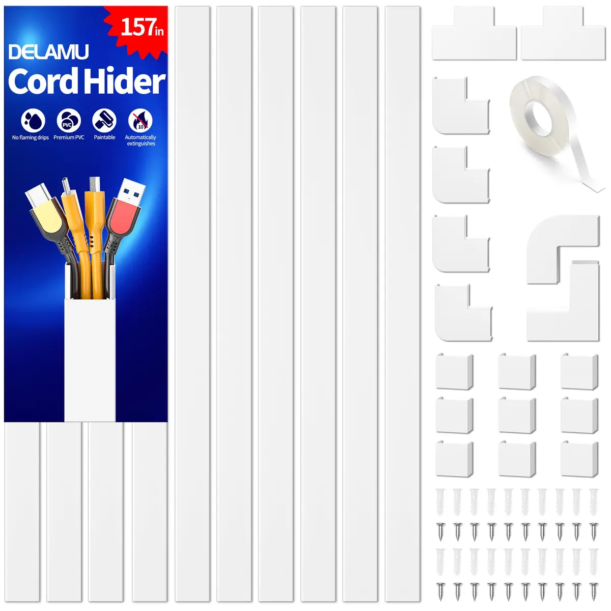 Delamu 157in Cord Hider Wall, Cable Management Raceway, Paintable Wire Cover, White | Neatly Conceal TV & Wall Wires - main product image
