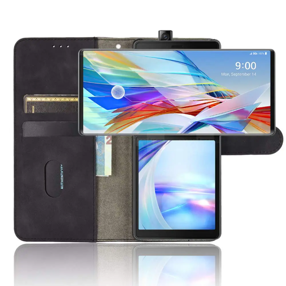 DAMONDY Black Flip Wallet Case for LG Wing 5G (1 Unit) | Genuine PU Leather with Card Slots & Kickstand - view 2