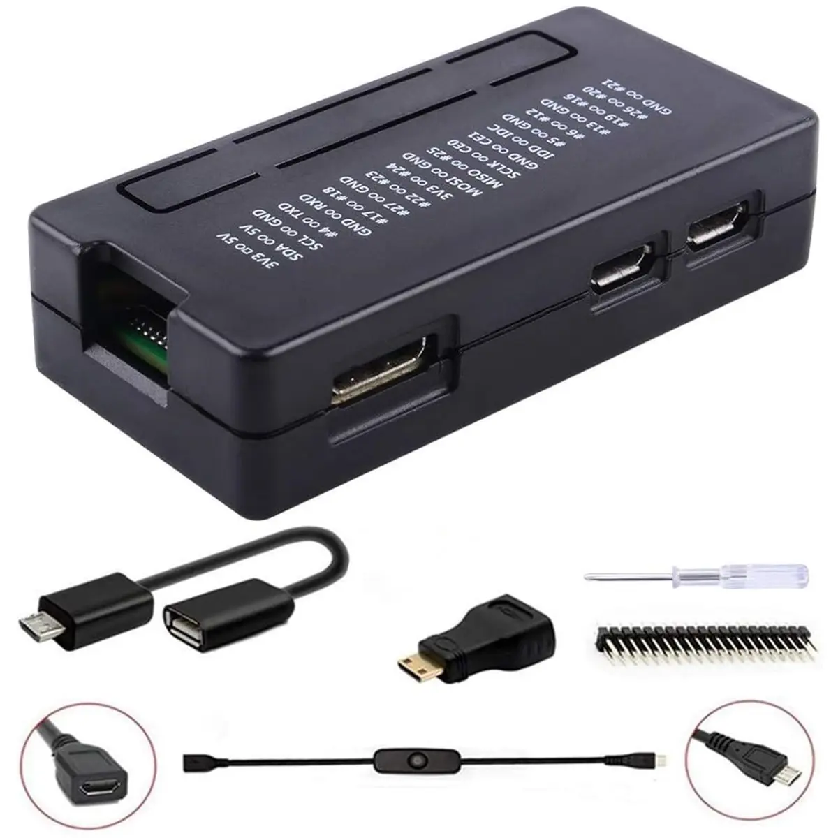 GeeekPi Raspberry Pi Zero 2 W Case/Zero W Case 7-in-1 Starter Kit with GPIO Header, OTG, HDMI Adapter & Screwdriver | Black Acrylic - main product image