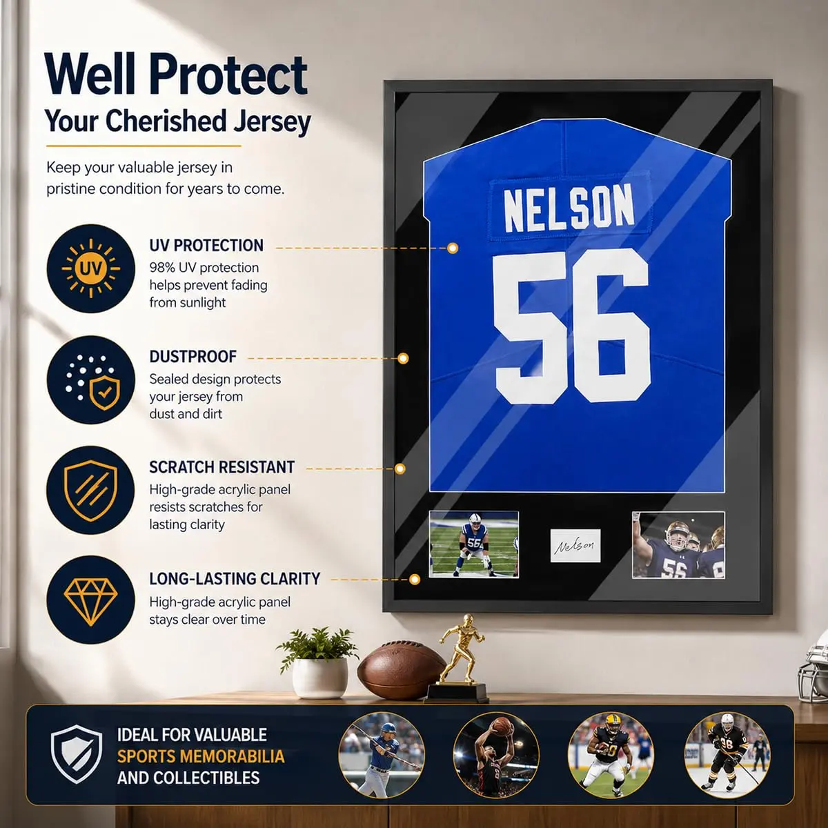 Snail Jersey Display Case 32"x24" | Elegant Wall Mount for Sports Memorabilia with UV & Dust Protection - view 3