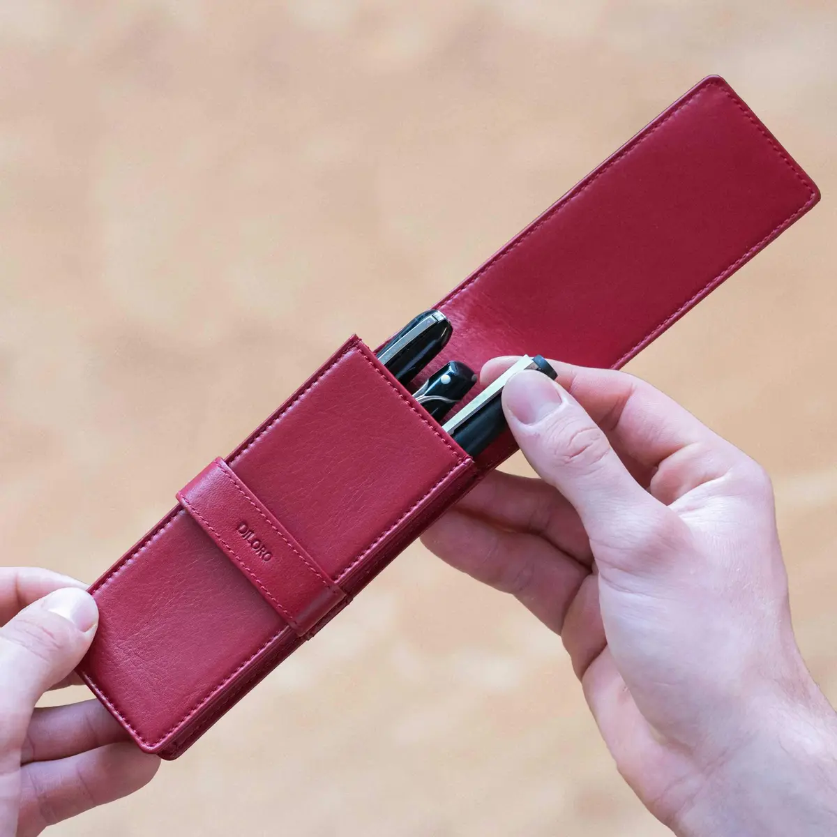 DiLoro Leather Triple Pen Case Pencil Pouch Holder for Three Fountain Ballpoint Rollerball Pens and Pencils (Red) | Elegant Leather Organizer - view 5