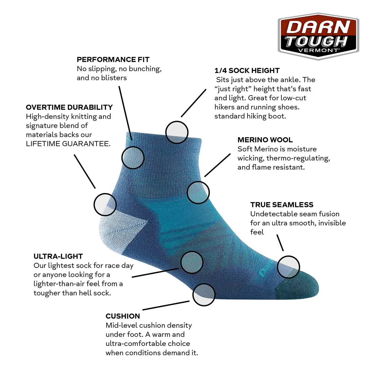 Darn Tough Vermont Women's Run Quarter Ultra-Lightweight Socks | Cushioned, Seamless, Merino Wool (Small, White) - view 3