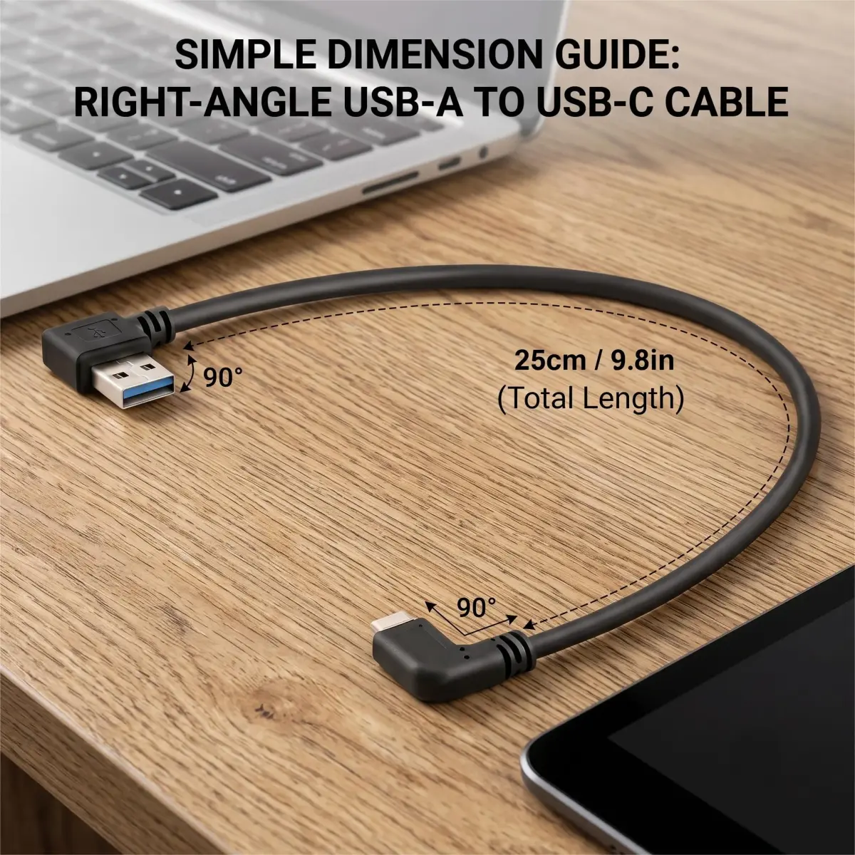 Oxsubor USB C 90 Degree Right Angle Cable 25cm (9.8in) | USB 3.0 Type A Male to Type C Male Extension (2-Pack, Black) - view 5