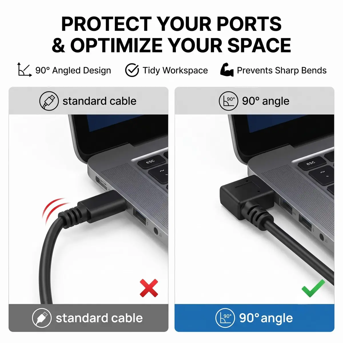 Oxsubor USB C 90 Degree Right Angle Cable 25cm (9.8in) | USB 3.0 Type A Male to Type C Male Extension (2-Pack, Black) - view 2