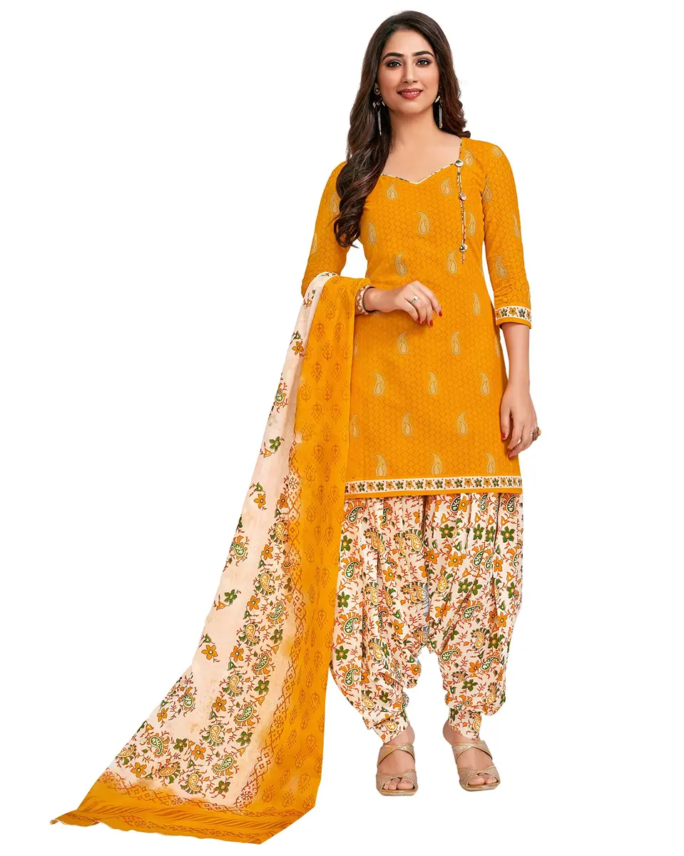 Miraan Women's Cotton Printed Salwar Suit Set - Yellow, Large (36 cm / 14.2 in) - main product image