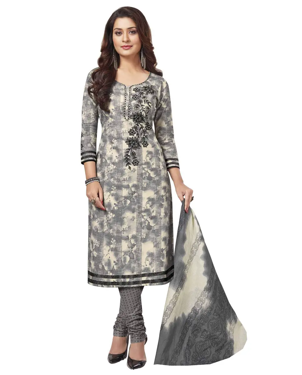 Miraan Women's Cotton Printed Readymade Salwar Suit Set XX-Large Grey | Knee Length 3/4 Sleeve Churidar Set - main product image