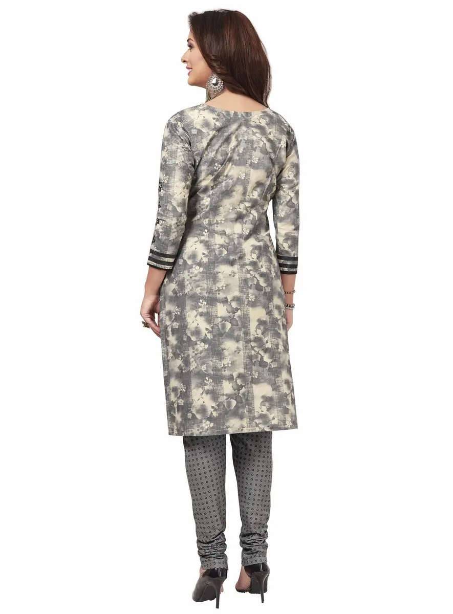Miraan Women's Cotton Printed Readymade Salwar Suit Set XX-Large Grey | Knee Length 3/4 Sleeve Churidar Set - view 2