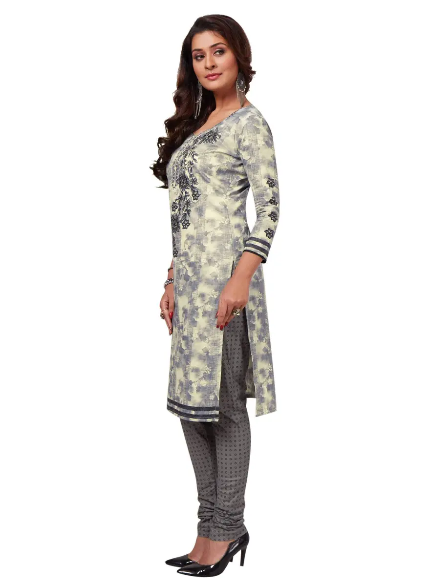 Miraan Women's Cotton Printed Readymade Salwar Suit Set XX-Large Grey | Knee Length 3/4 Sleeve Churidar Set - view 3