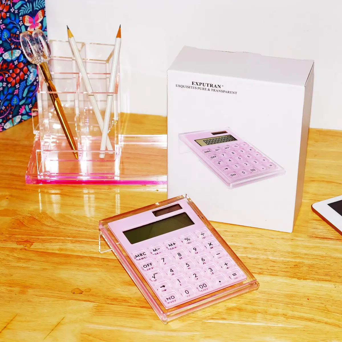 EXPUTRAN Acrylic Calculator with Stand, Pink | 12-Digit LCD Display, Solar & Battery Powered - view 6